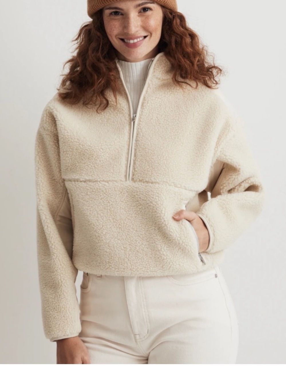 Madewell Cream Faux Shearling Half-Zip Teddy Pullover